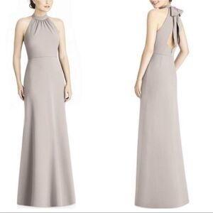 NWT Jenny Yoo Crepe Halter Back Neck Bow Taupe Bridesmaid Maxi Dress. Size 2.